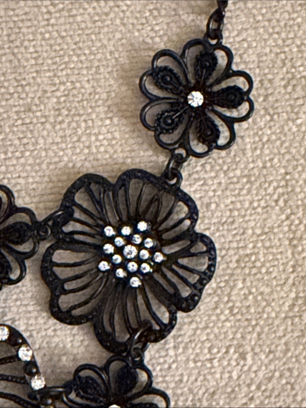Black Floral Statement Necklace with Crystal Accents - Picture 5 of 7